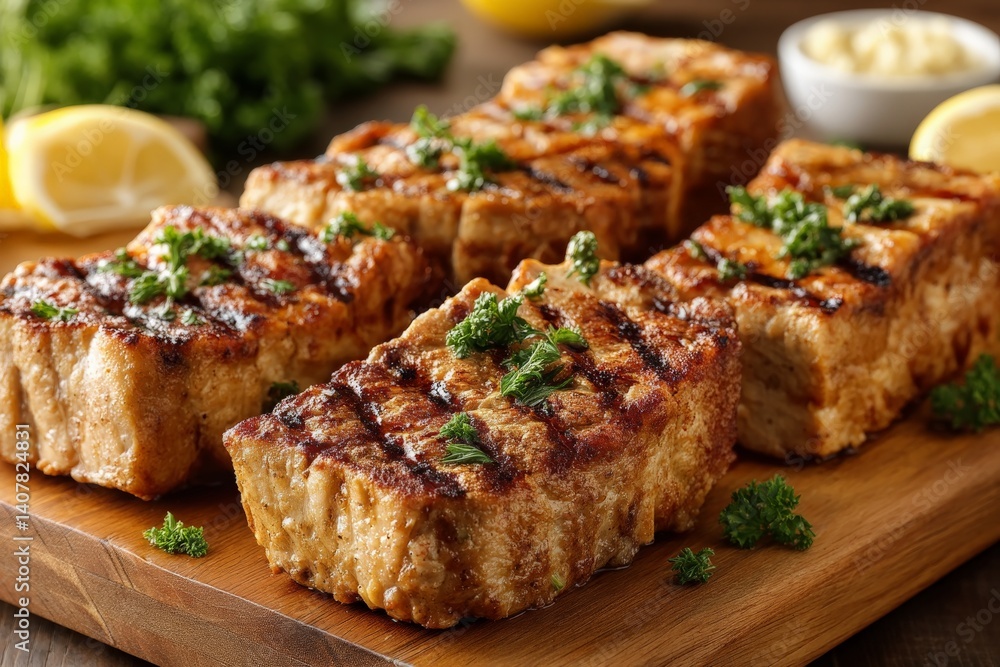 Grilled fish fillets garnished with herbs and lemon slices served on a wooden platter Grilled fish fillets garnished with herbs and lemon slices served on a wooden platter