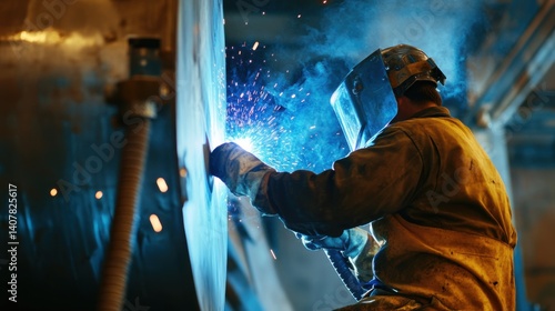 Hispanic boilermaker welding pressure vessels inside an industrial plant. Featuring strength and expertise