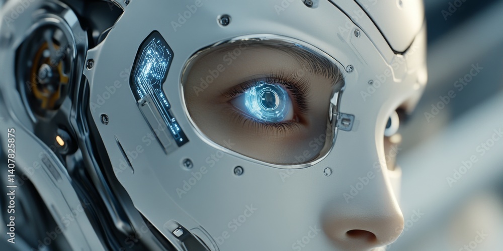 Futuristic robotic close-up showcasing intricate design. The striking blue eye symbolizes advanced technology and artificial intelligence. A blend of art and innovation. AI