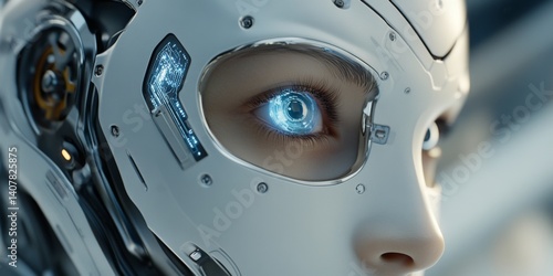 Obraz na płótnie Futuristic robotic close-up showcasing intricate design. The striking blue eye symbolizes advanced technology and artificial intelligence. A blend of art and innovation. AI w salonie