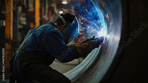 Hispanic boilermaker welding pressure vessels inside an industrial plant. Featuring strength and expertise