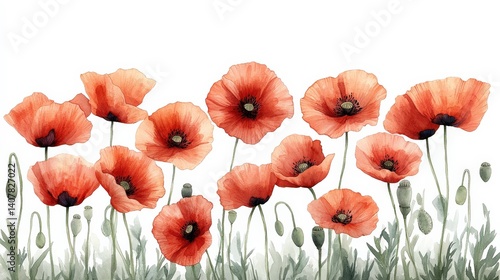 Vibrant watercolor illustration of poppy flowers in a serene, natural setting