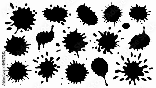 Set of grunge ink splatter. Splash of paints, spray drops, wet paint drop collection