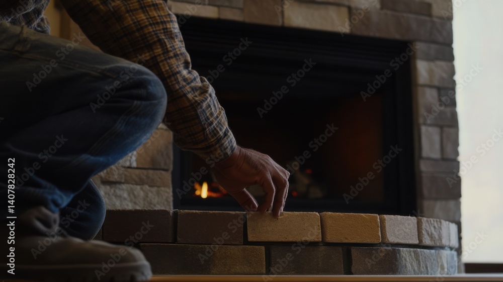 Fototapeta premium Hispanic bricklayer constructing a fireplace in a living room. Featuring masonry and fireplace construction
