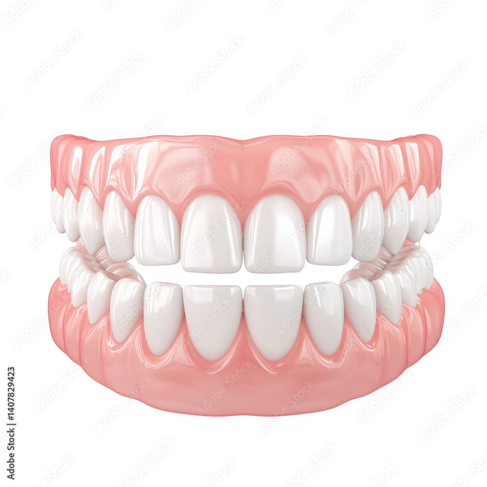 Obraz premium Healthy human upper and lower teeth with pink gums medical dental illustration isolated on transparent background.