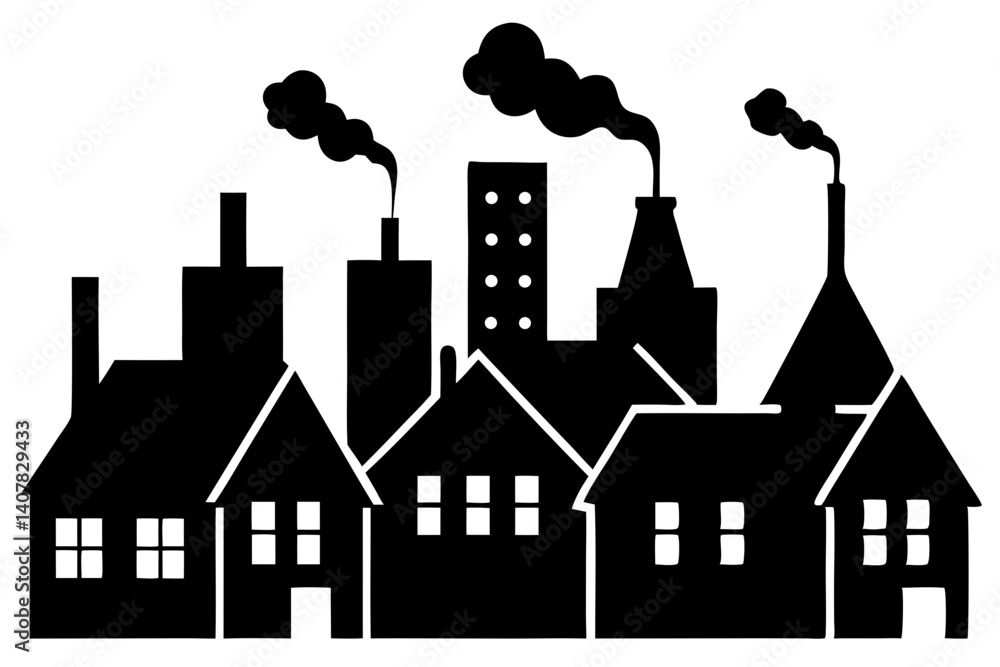 Fototapeta premium Monochrome Illustration Of Industrial Cityscape With Factories And Houses Silhouette Depicting Urban Landscape And Pollution, city, cityscape, industrial, factory, building, house, chimney, smoke