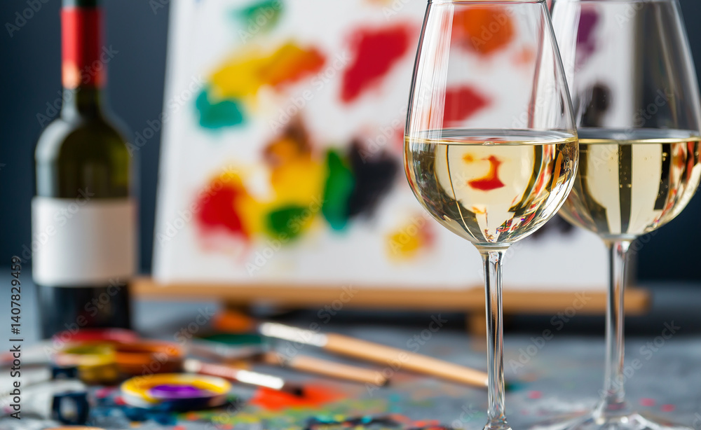Two glasses of white wine and painting supplies on a colorful art table, symbolizing creativity, relaxation, and the concept of paint and sip.