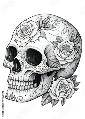A scary human skull and crossbones illustration, a symbol of death and danger, often seen in pirate or horror themes