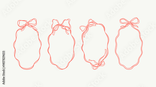 Bow Frame, Vector Oval Y2K Coquette Pen Outline Cute Fashion or Baby Shower Feminine Ribbon Border, Charming Ink Doodle for Valentine or Wedding Illustration