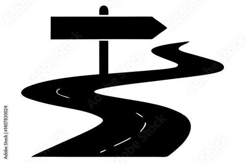 Winding Road Ahead With Directional Signpost Indicates The Way In Minimalist Black And White Illustration For Route Planning And Journey Concepts, road, direction, signpost, arrow, way, curve, winding