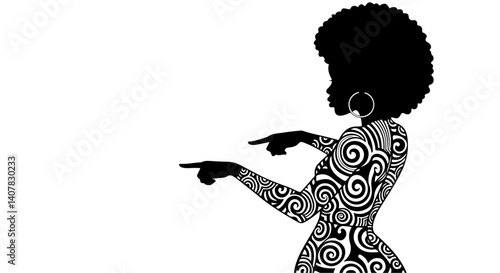 African American women wearing patterned clothing with pointing to the left