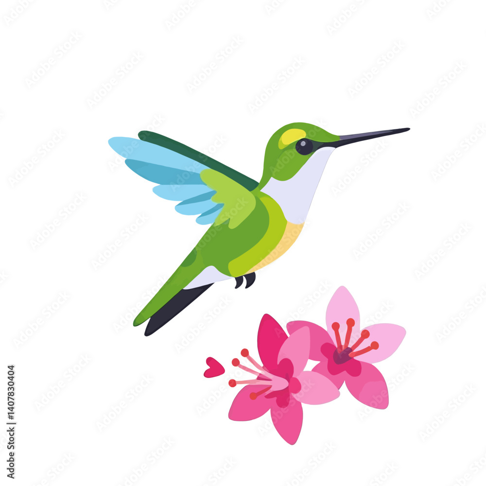 Obraz premium Cartoon_hummingbird_hovering_near_pink_flowers