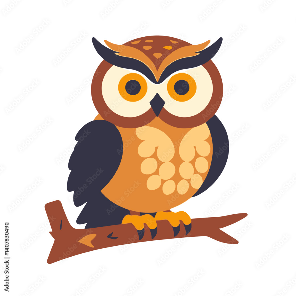 Fototapeta premium Cartoon_owl_perched_on_a_branch_with_big_eyes