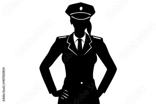 Silhouette Of A Confident Woman Officer Or Policewoman In Uniform Standing With Hands On Hips, police officer, policewoman, law enforcement, authority, security, uniform, cap, female, woman