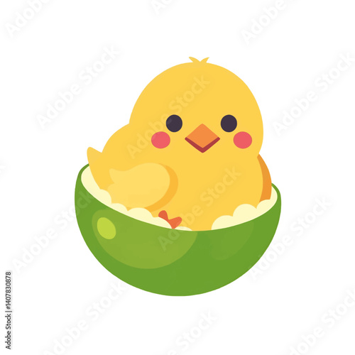 Cute_yellow_chick_in_a_green_egg-shell_with_pink_cheeks_and_black_eyes