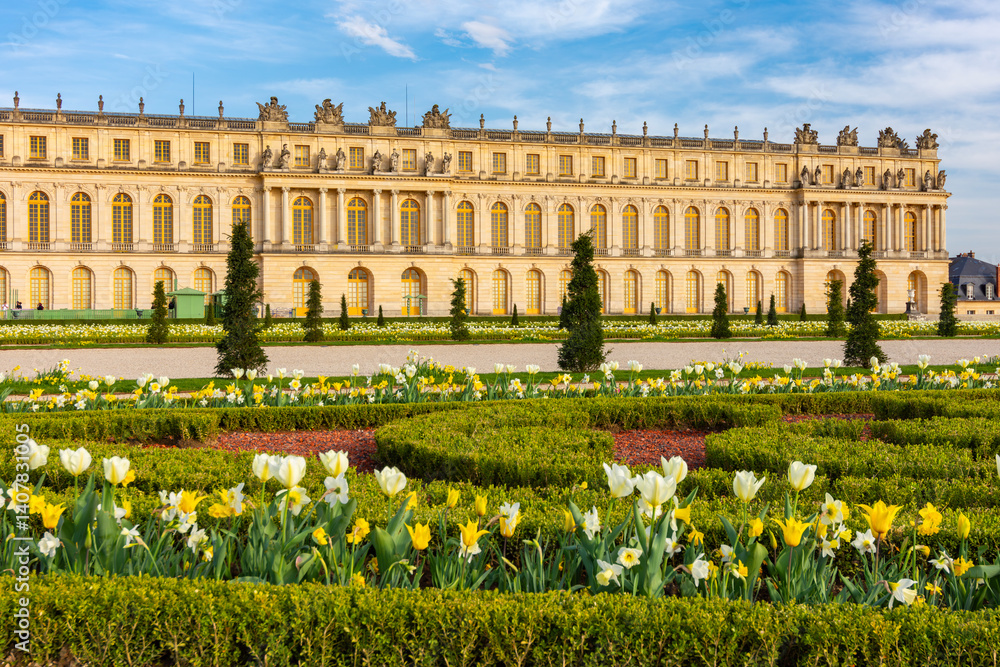 Versailles palace and gardens in spring outside Paris, France
