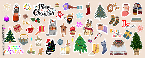 Set of Christmas weekly, daily planner, diaries vector flat illustration. Cute sticker template decorated with winter holidays cartoon symbols. Signs, lettering, objects for scheduler or organizer.