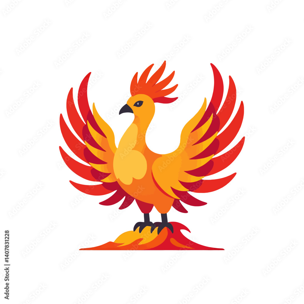 Fototapeta premium Stylized_phoenix_with_red_orange_and_yellow_feathers_standing_on_flames