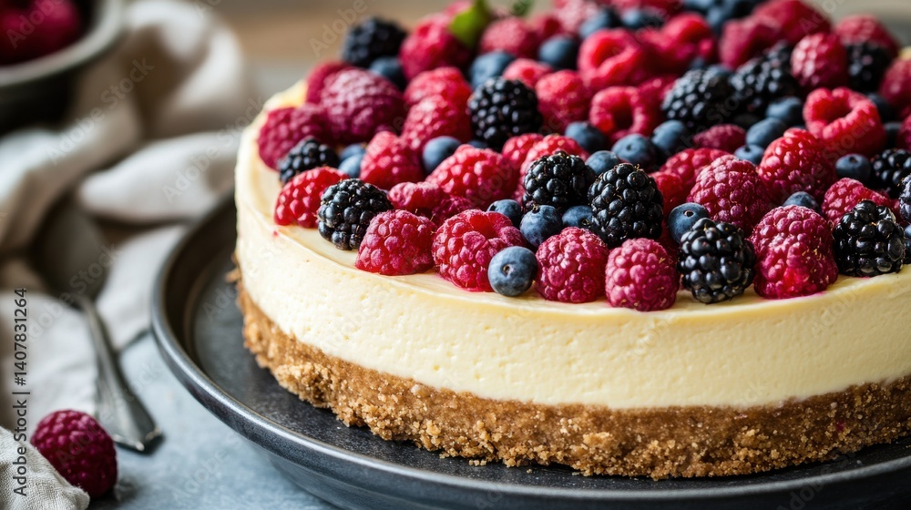 A creamy cheesecake topped with an assortment of fresh berries, including raspberries, blueberries, and blackberries, served on a gray plate. A creamy cheesecake topped with an assortment of fresh berries, including raspberries, blueberries, and blackberries, served on a gray plate.