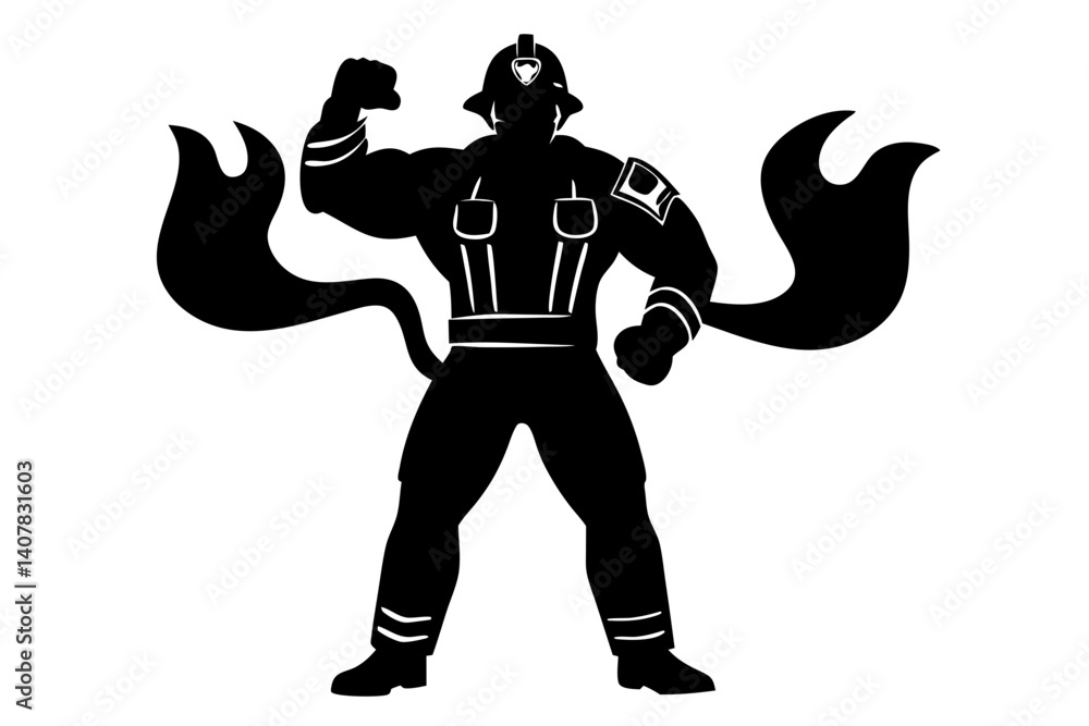 custom made wallpaper toronto digitalBold Firefighter Hero Silhouette With Flame Details Symbolizing Courage And Resilience On White Background, firefighter, silhouette, hero, courage, resilience, flame, fire, helmet, uniform, strong