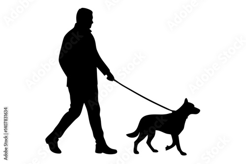Silhouette Of A Person Walking A Dog On A Leash Isolated On White Background Perfect For Pet Health And Lifestyle Content, silhouette, man, dog, walking, leash, pet, animal, canine, domestic, black