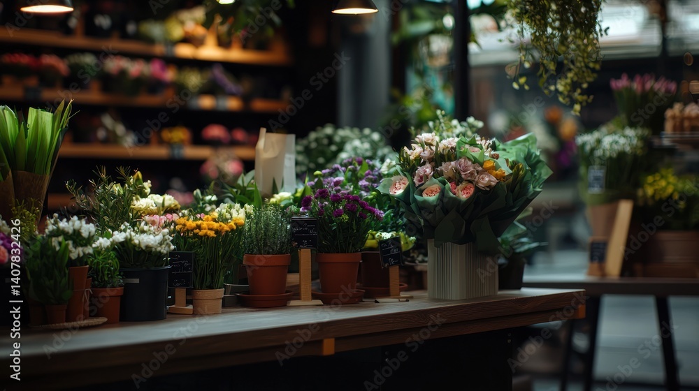 Floral display in a flower shop, bouquets and potted plants, modern interior, city background Floral display in a flower shop, bouquets and potted plants, modern interior, city background