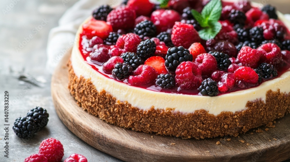A creamy cheesecake topped with an assortment of fresh berries, including raspberries, blueberries, and blackberries, served on a gray plate. A creamy cheesecake topped with an assortment of fresh berries, including raspberries, blueberries, and blackberries, served on a gray plate.