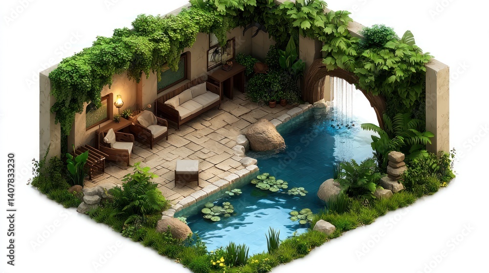 Isometric Garden Courtyard with Waterfall and Pool Isometric Garden Courtyard with Waterfall and Pool