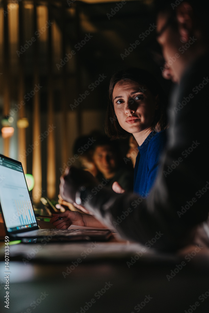 Diverse group of coworkers collaborates intensely on a project in a dimly lit office. The atmosphere is focused and determined as they analyze data and brainstorm ideas to meet an impending deadline.