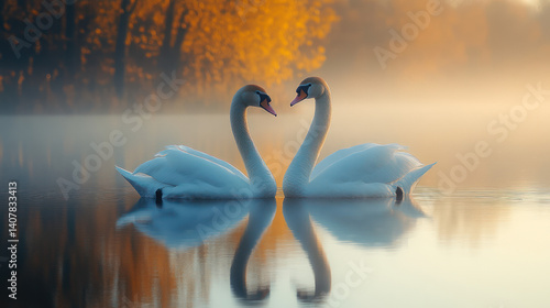 Fototapeta Naklejka Na Ścianę i Meble -  Elegant swan pair heart reflection