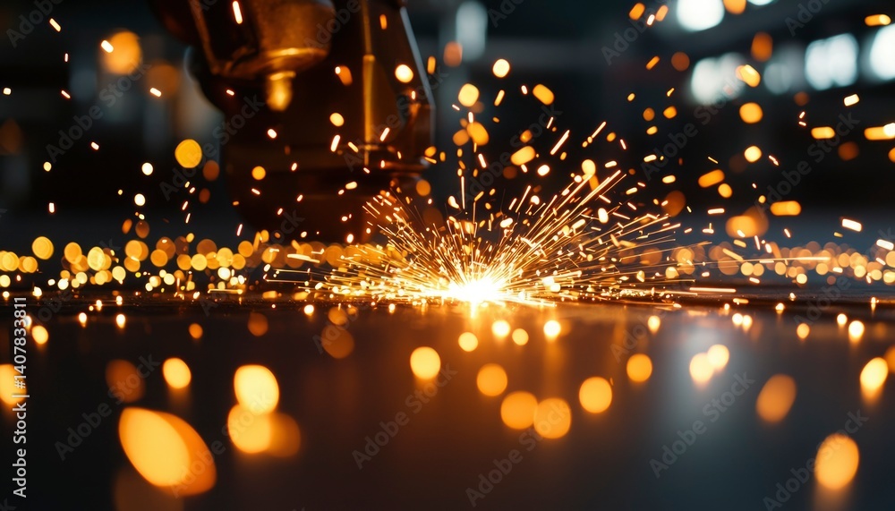Metal worker grinding with sparks flying in workshop. Blurred industrial backdrop