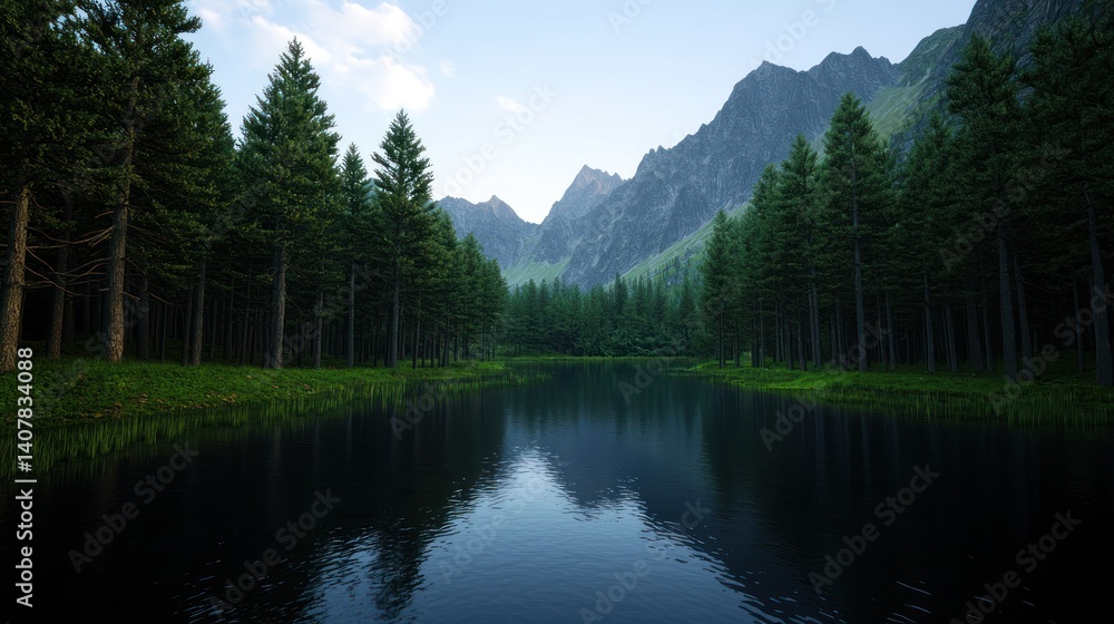 Serene mountain lake nestled in a pine forest at dawn Serene mountain lake nestled in a pine forest at dawn