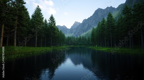 Serene mountain lake nestled in a pine forest at dawn