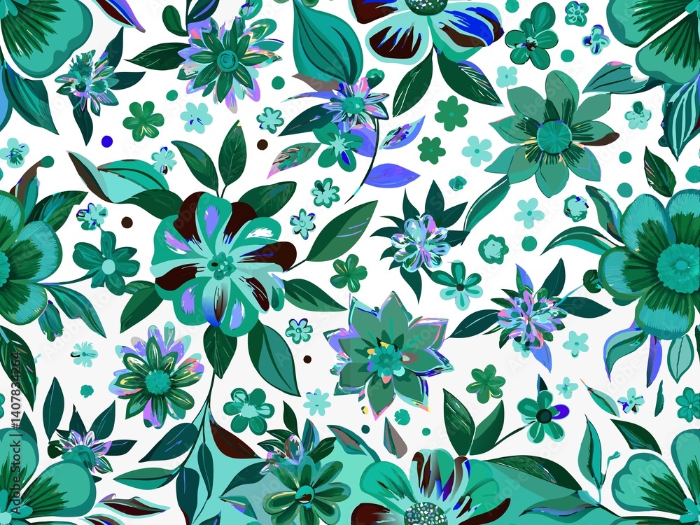 Fototapeta premium seamless pattern with flowers and leaves, floral pattern for textile design and digital papers, seamless background with green leaves, seamless floral pattern, seamless pattern with leaves