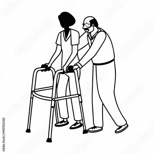 Line Art Portrait of an african young nurse helping old elderly disable man grandfather to walk using walker equipment in the bedroom. Senior patient of nursing home moving with walking frame and nurs