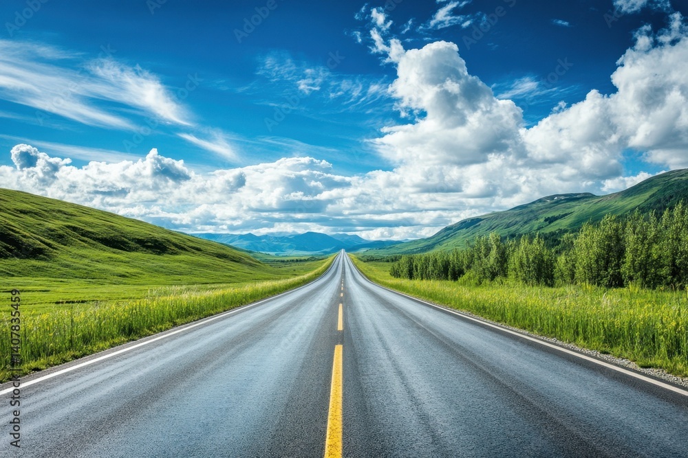 Naklejka premium Stunning long road stretches through green hills under a bright blue sky filled with clouds