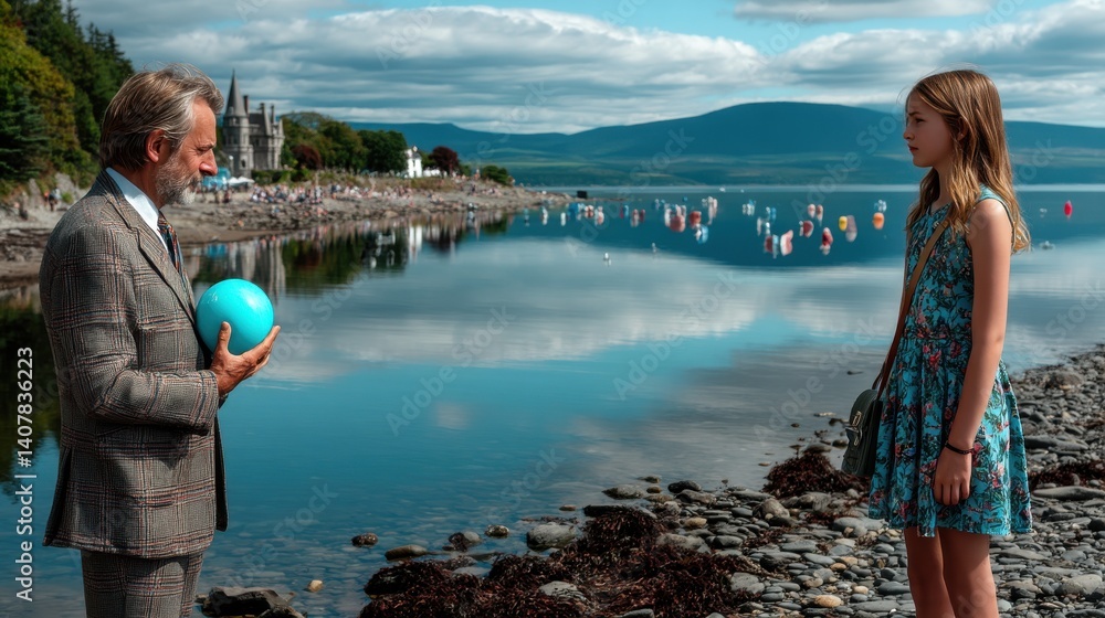 Fototapeta premium Playing beach ball with dad on Father’s Day, nature, vacation, coast, sand, person, people, blue, outdoors, kid, sky, river, shore, holiday