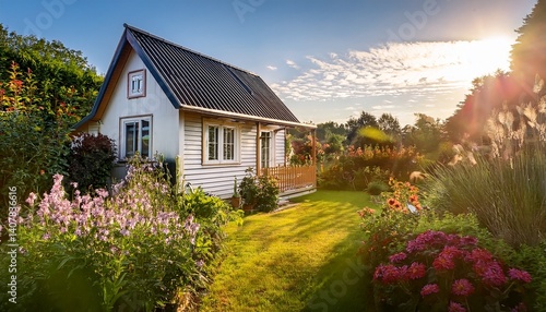 sunlight bathes a charming tiny house its lush garden overflowing with life