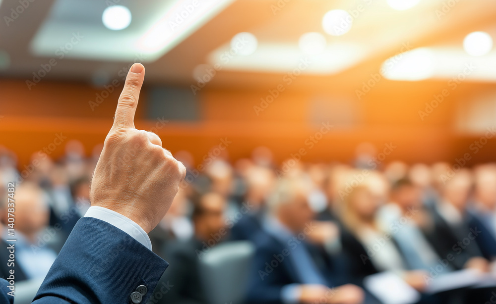 Raised hand in a business suit during a conference or seminar, symbolizing participation, communication, and engagement in a professional setting.