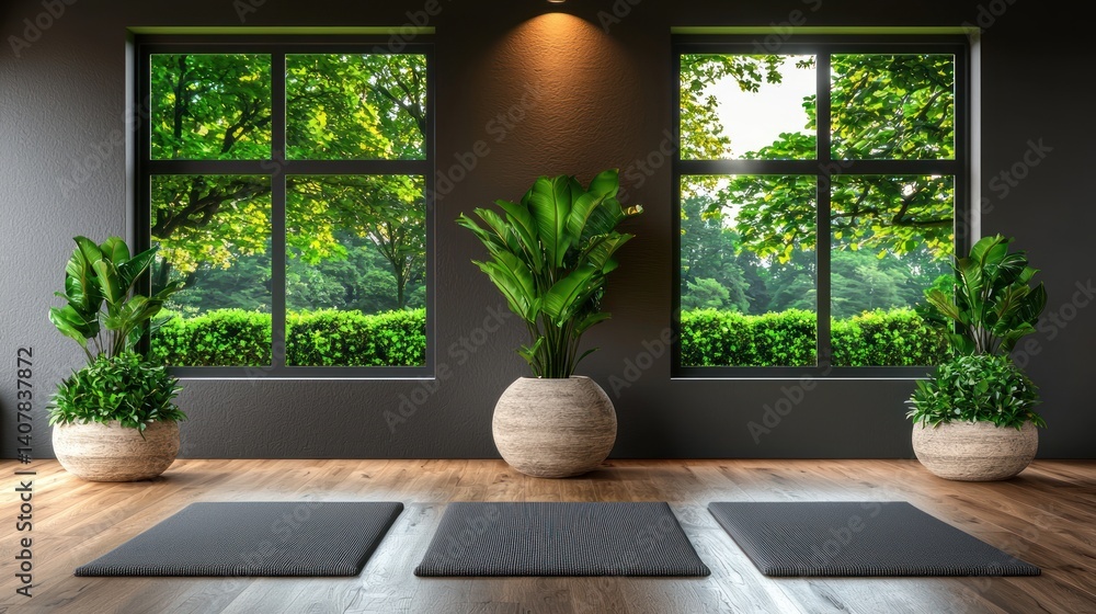 Modern yoga studio with large windows overlooking lush greenery Modern yoga studio with large windows overlooking lush greenery