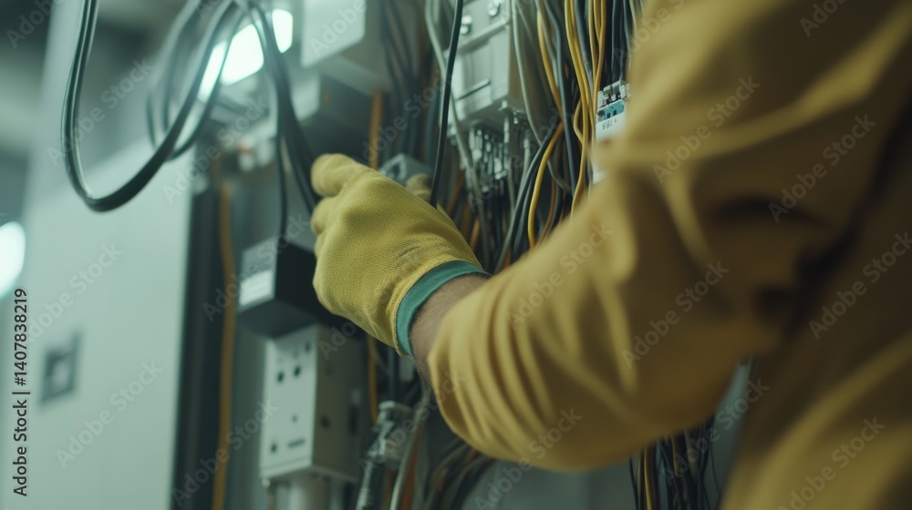 Electrician wiring an office building. Featuring expertise and safety Electrician wiring an office building. Featuring expertise and safety