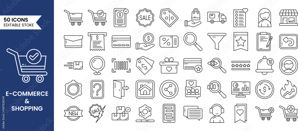 E-commerce and Shopping icons set in line style. Contains icons related to Online shopping, shipping and delivery, E-business, shopping cart and more. Vector illustration E-commerce and Shopping icons set in line style. Contains icons related to Online shopping, shipping and delivery, E-business, shopping cart and more. Vector illustration