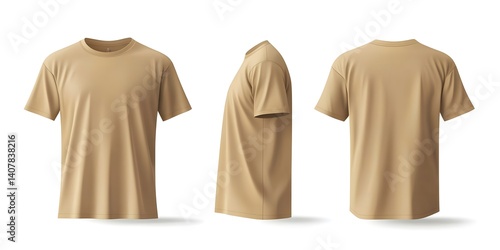 Beige T-Shirt Mockup: Front, Side, and Back Views for Design Presentation