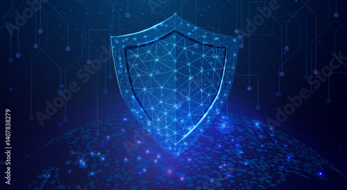 Futuristic map of the planet with wireframe low poly shield. World globalization internet and technology, cyber security. Abstract background with glowing planet Earth. Vector illustration.