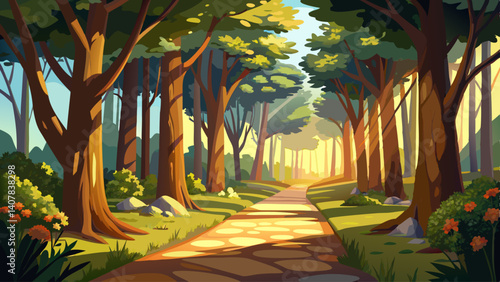 A peaceful walking path shaded by tall trees, dappled sunlight on the ground