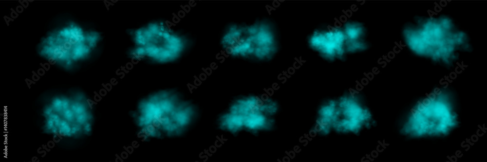 Fototapeta premium Set of realistic teal smokes or haze on a black background. Magic fog, vapor. Vector illustration