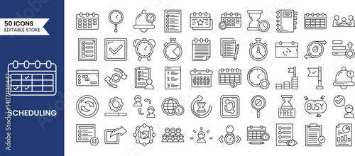 Scheduling icons set in line style. Contains icons related to Scheduling, to-do lists, tasks, time management, planners, calendars, reminders and more. Vector illustration
