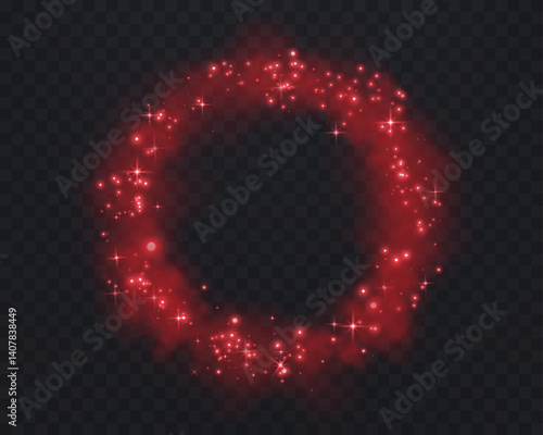Realistic red smoke circle or haze with pink glittering dots, particles, stars magic sparks on a transparent background. Magic fog, vapor. Vector illustration.