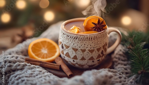 Wallpaper Mural A cozy mug of spiced tea with steaming hot liquid, garnished with orange slices and star anise, resting on a knitted blanket, perfect for warm autumn and winter evenings. Torontodigital.ca