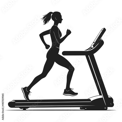 A bold, black silhouette of a woman running on a treadmill.